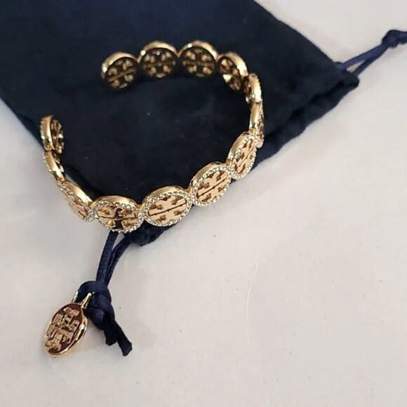 New Tory Burch Gold Logo Round Pave cuff Bracelet, Comes With Dust Bag - Picture 3 of 4